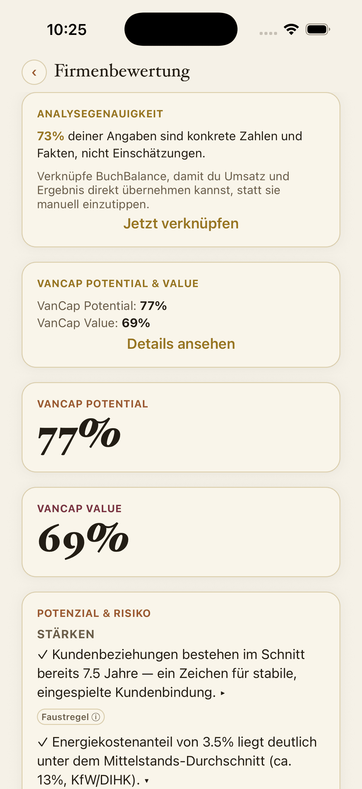 Firmenbewertungs-Analyse mit VanCap Potential und Value in der Vantric-Capital-App