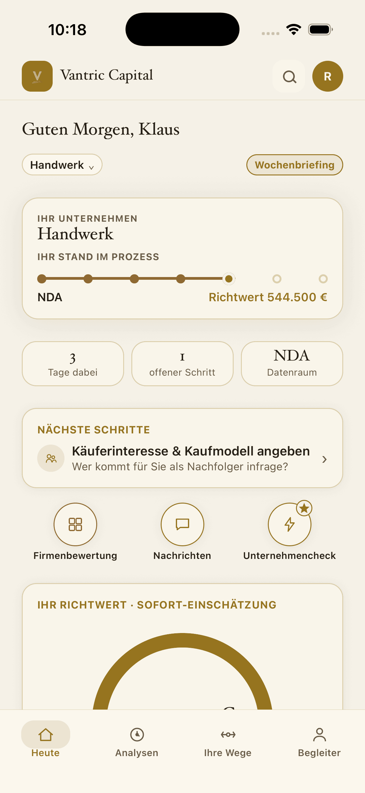 Sofort-Richtwert und Prozessstand in der Vantric-Capital-App